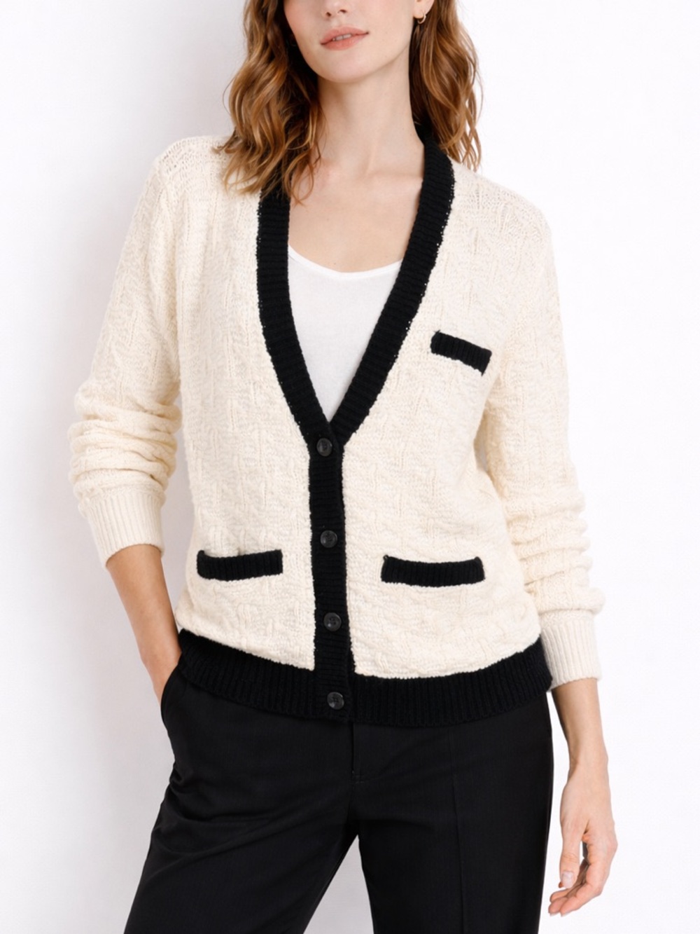 Intermix Cardigan Sweater‎ Women’s Medium Cream Black Trim Button Front Knit
